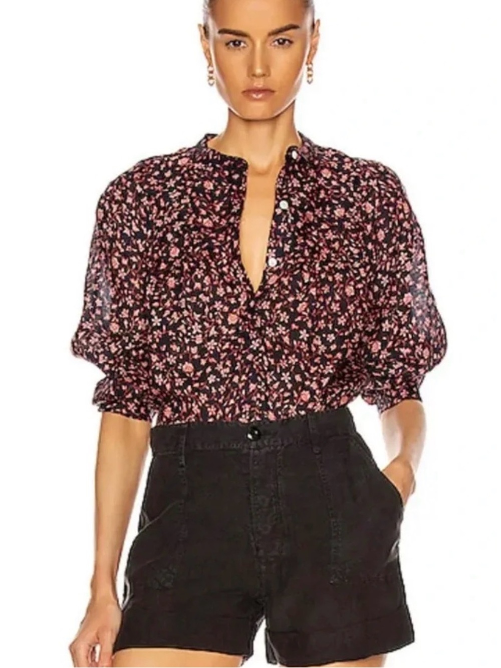 Frame Denim Navy Blouse with Pink Floral Print
